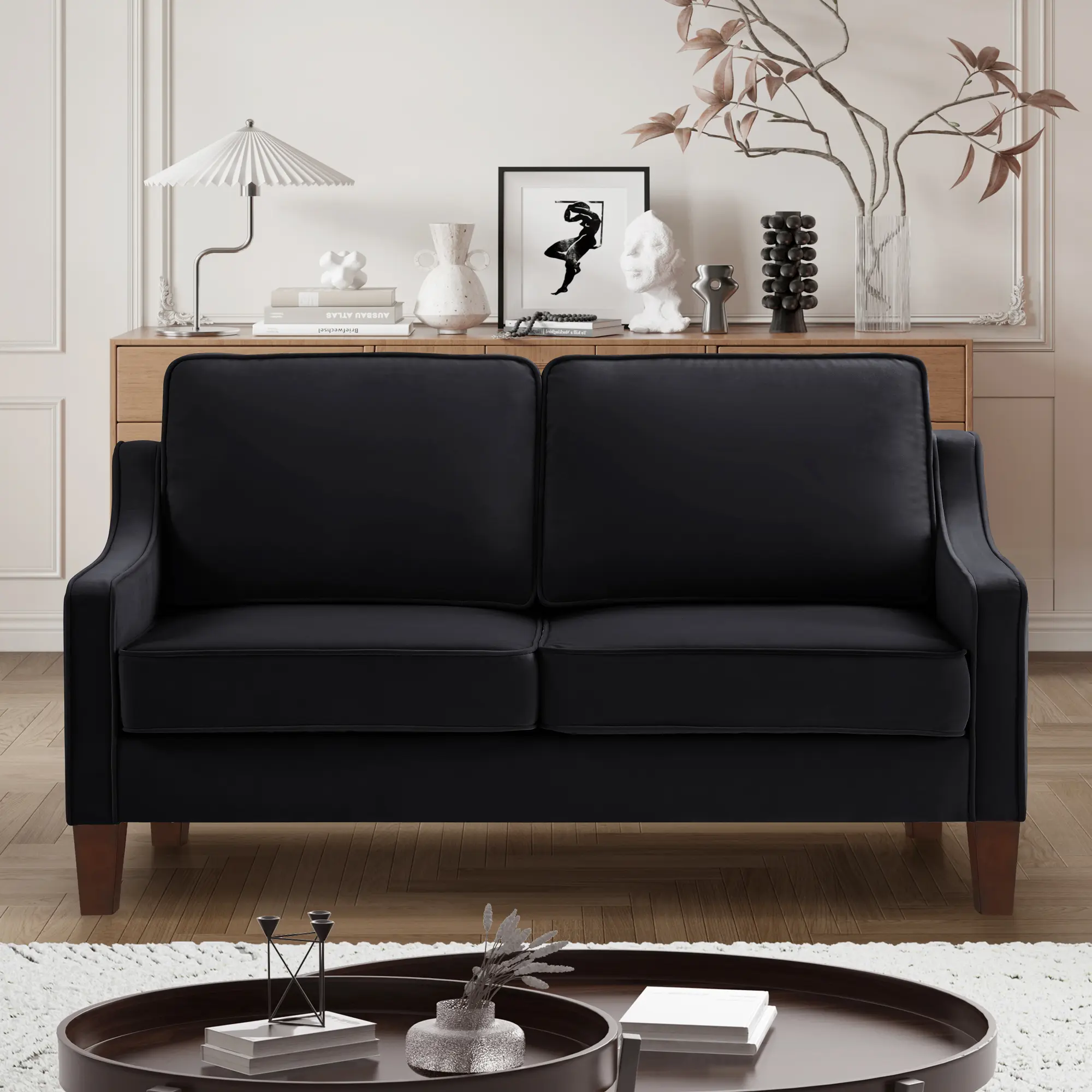 2-Seater Loveseat Sofa with Spring Seat Cushion, Velvet Upholstery, Solid Rubber Wood Legs and Removable Covers, Easy Assembly for Living Room, Bedroom, Dark Gray/Black/Navy/Taupe
