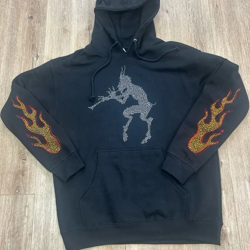Black Hoodie with Flame Design and Rhinestone Horse Embroidery for Men