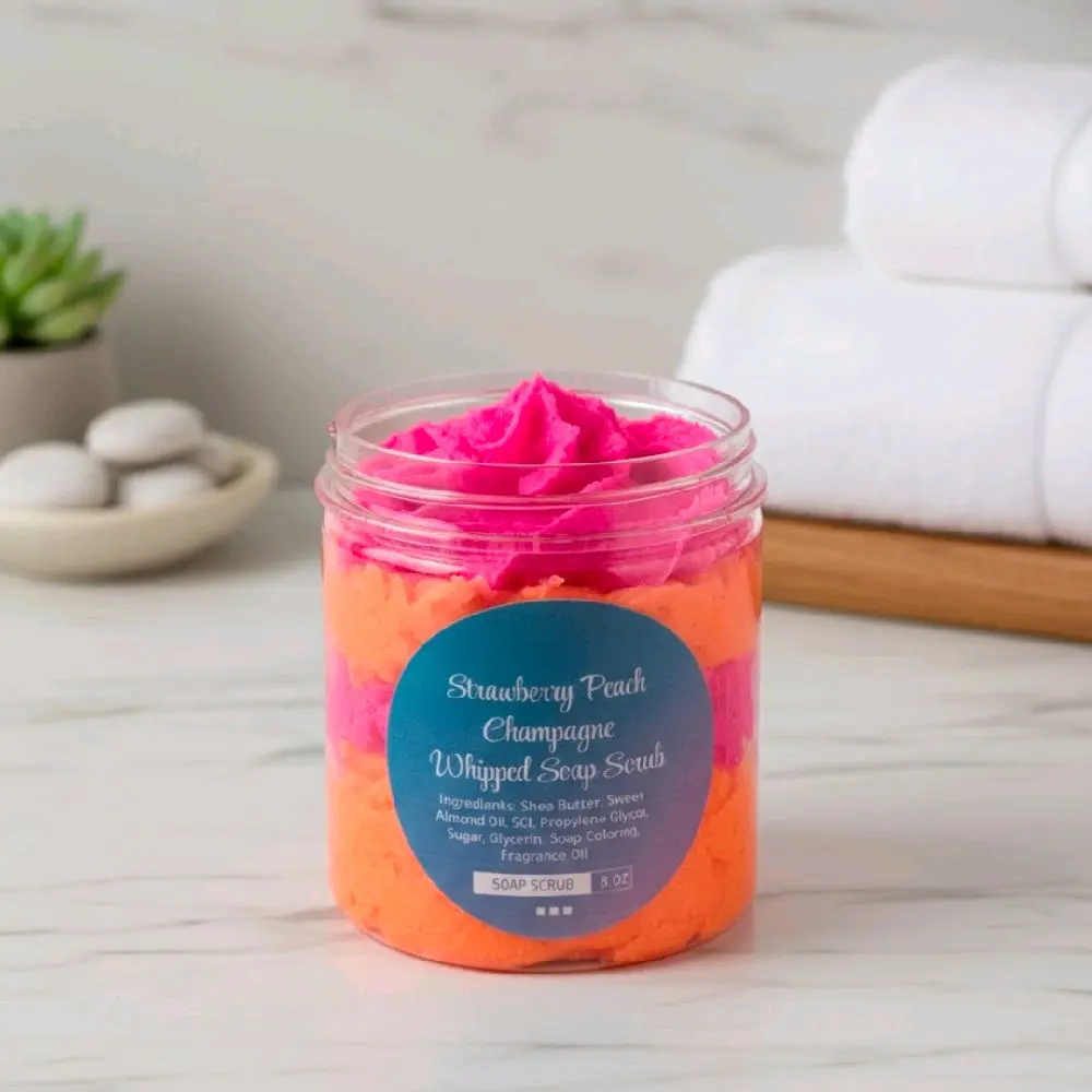 Strawberry Peach Champagne Whipped Foaming Sugar Scrub, Exfoliating Body Wash and Moisturizer with Shea Butter to Smooth and Restore Dry Skin. Cleansing, Body Care, Cleanser, Gentle