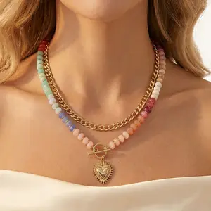 Dopamine Colorful Beaded Necklace Ethnic-Style Collarbone Chain with Stackable Heart Pendant for Stylish Looks and Versatile Jewelry