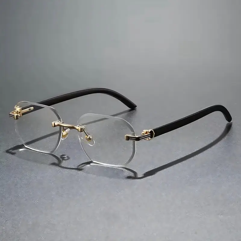 Rimless Square Sunglasses Gold Metal Frame Black Temples Lightweight Unisex
