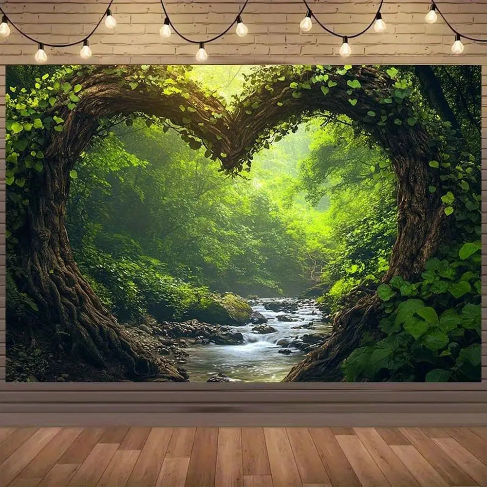 1pc Soft Glam Heart-Shaped Tree Frame Polyester Backdrop - Durable Textile, Serene Stream, Lush Greenery - Indoor Wedding Photo Shoot Banner, No Electricity Required