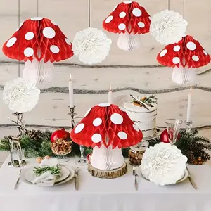 KEQU Tissue Pom Poms 8 White Paper Flowers with Red Mushroom Honeycomb Balls | Suitable for Indoor/Outdoor Forest-Themed Parties, Birthdays, And Weddings