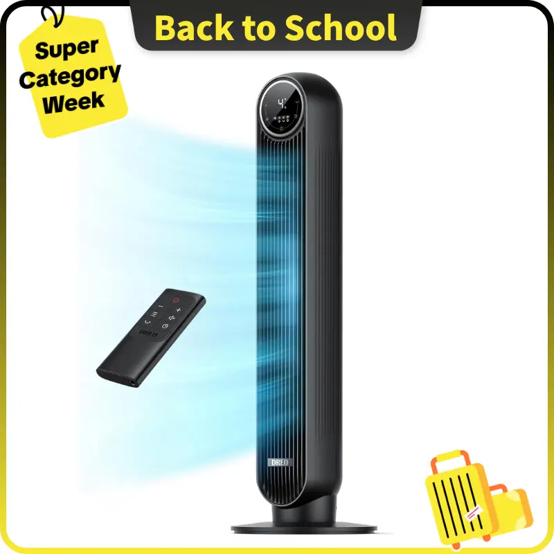 DREO Tower Fan for Bedroom, 2026 Upgraded DC Motor, 28ft/s High Velocity, 20dB Ultra Quiet Standing Fan, 8 Speeds & 4 Modes, 90° Oscillating Bladeless Floor Fan for Indoor Use, with Remote Control, Black,back to school,back to school haul