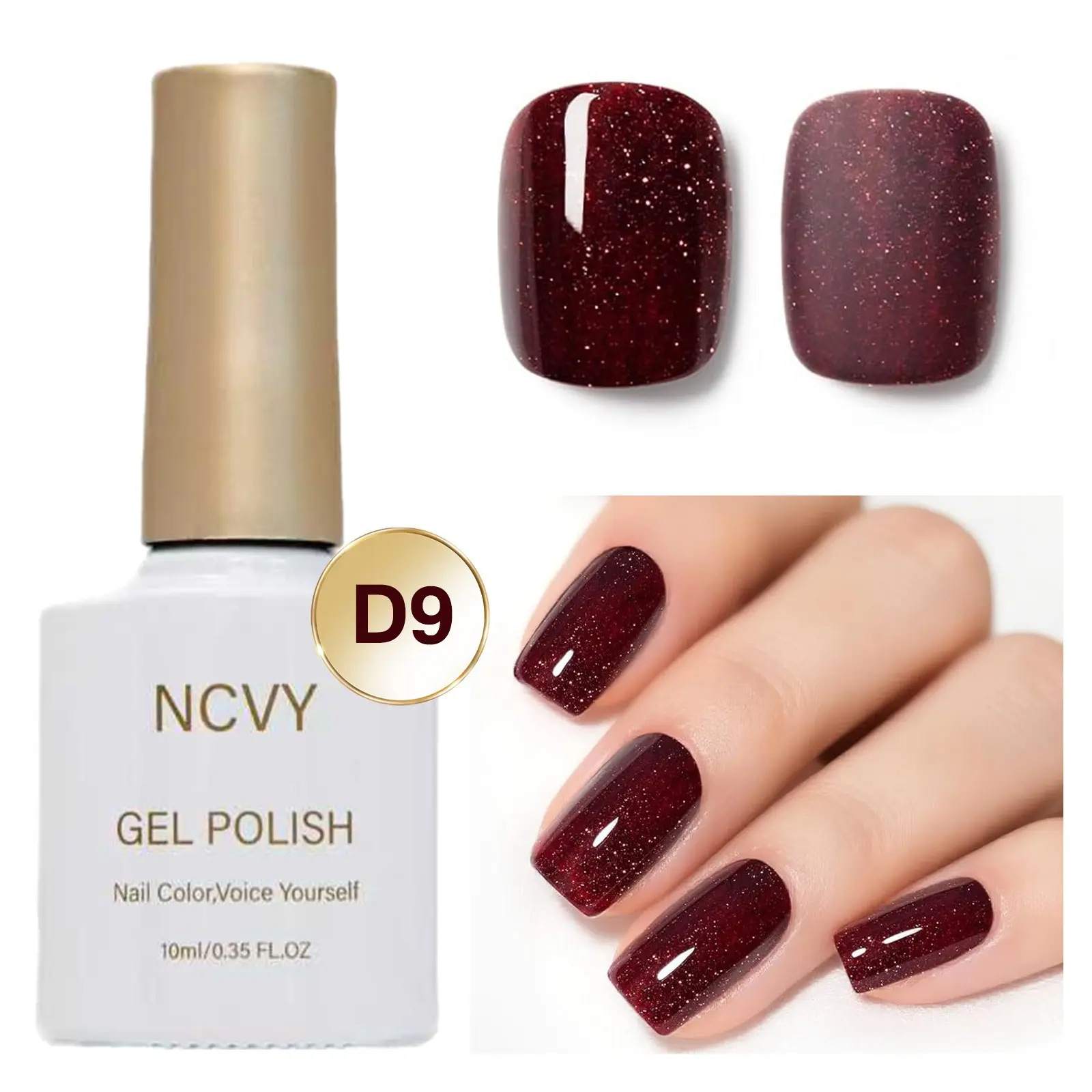 NCVY Burgundy Red Glitter Gel Nail Polish, Cosmetic, Nail Care, Manicure, 10ml/0.35oz. Long-lasting, removable UV/LED gel polish with rich, vibrant color. Easy for beginners to use, perfect for DIY nail art at home. A gift for spring and summer. HEMA-Free