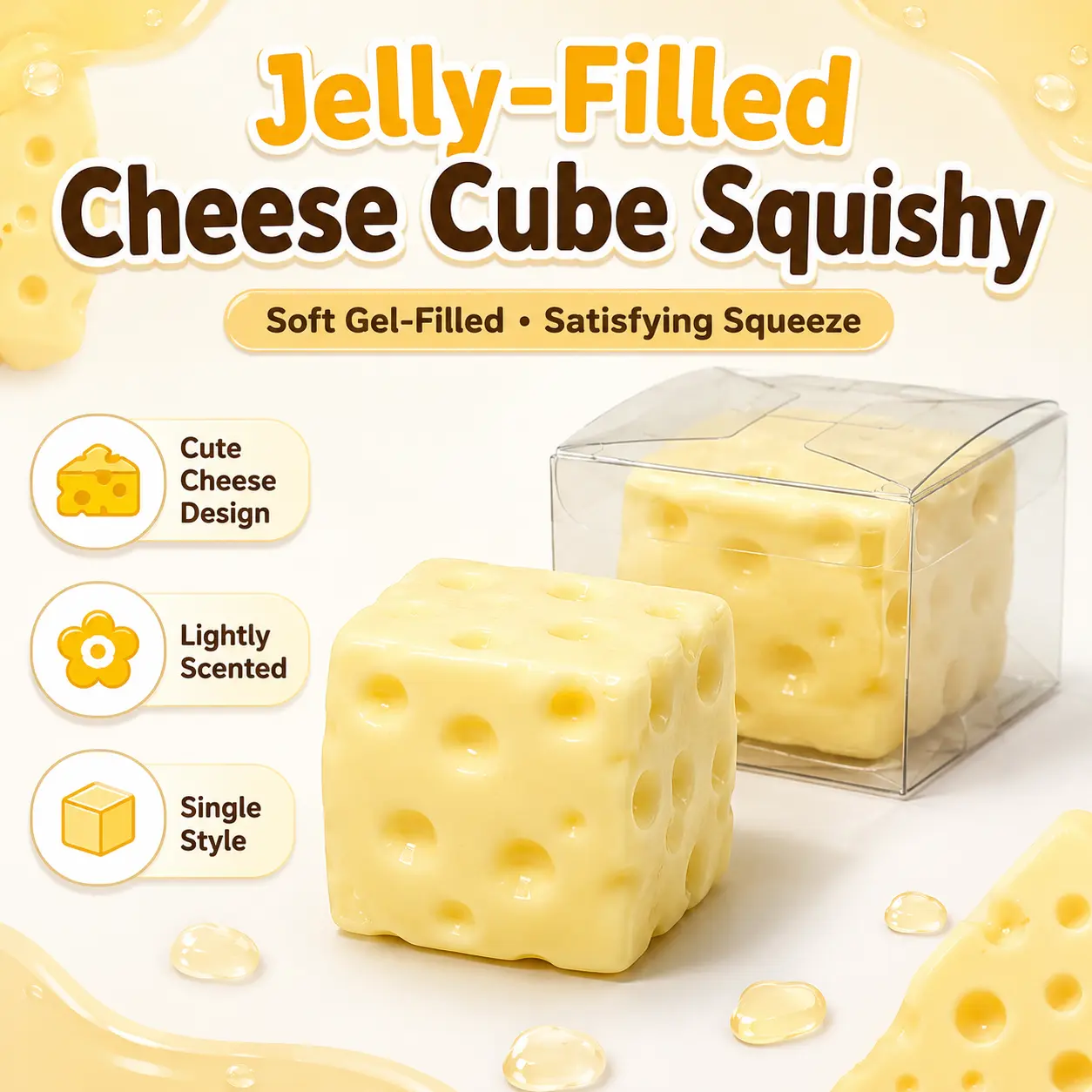 Unisex Gel-Core Cheese Cube Squishy - Slow Deform, No Rebound Fidget, Non-Oily Clean Touch, Lightly Scented Stress Relief Desk Item, Cute Novelty Gift with Display Box (Squishies Toys, Cube Block)