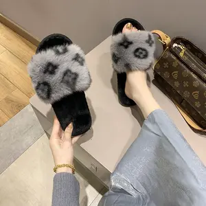 Women's Furry Flat Floral Slide Slippers for Home Wear