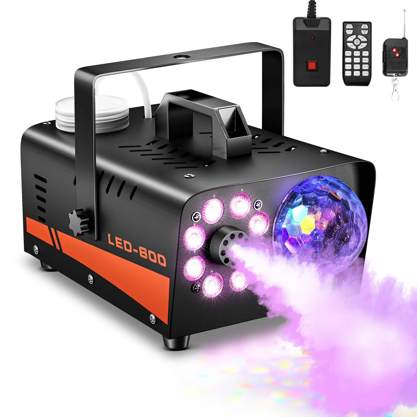 8 LED RGB Effect Lights with Fog Machine, Disco Ball, 600w Smoke Output, Auto Spray Function, Perfect for Halloween, Christmas, Weddings, Parties, Decorative Atmosphere Lamp, Creative LED Lighting, Led Party Light, Disco Novelty Lighting
