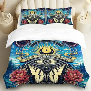 3PCS Duvet Cover Set, 1 Duvet+2 Pillowcases(Without filler), Psychedelic Eye Sun Butterfly Floral Cosmic theme, Halloween bedding set, Bohemian Mandala Spiritual Suitable for decoration bedroom living room guest room lounge.