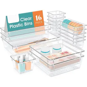 16 count Drawer Organizer Set, 5 Varied Size Bathroom and kitchen Drawer cabinet organizer Trays, Clear Storage Bins for Makeup, , Utensils and Gadgets