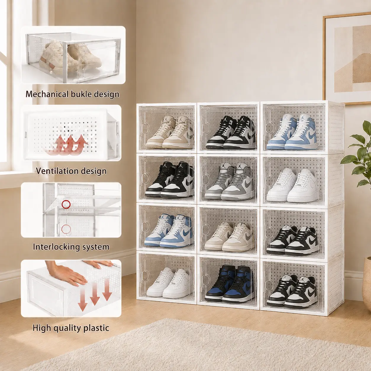 6/12/24pcs Stackable Clear Shoe Storage Boxes, Magnetic Door Plastic Sneaker Organizer, Dust-Proof Display Case for Closet, Entryway & Home,Your collection should be seen, not hidden Turns your closet into a mini sneaker boutique