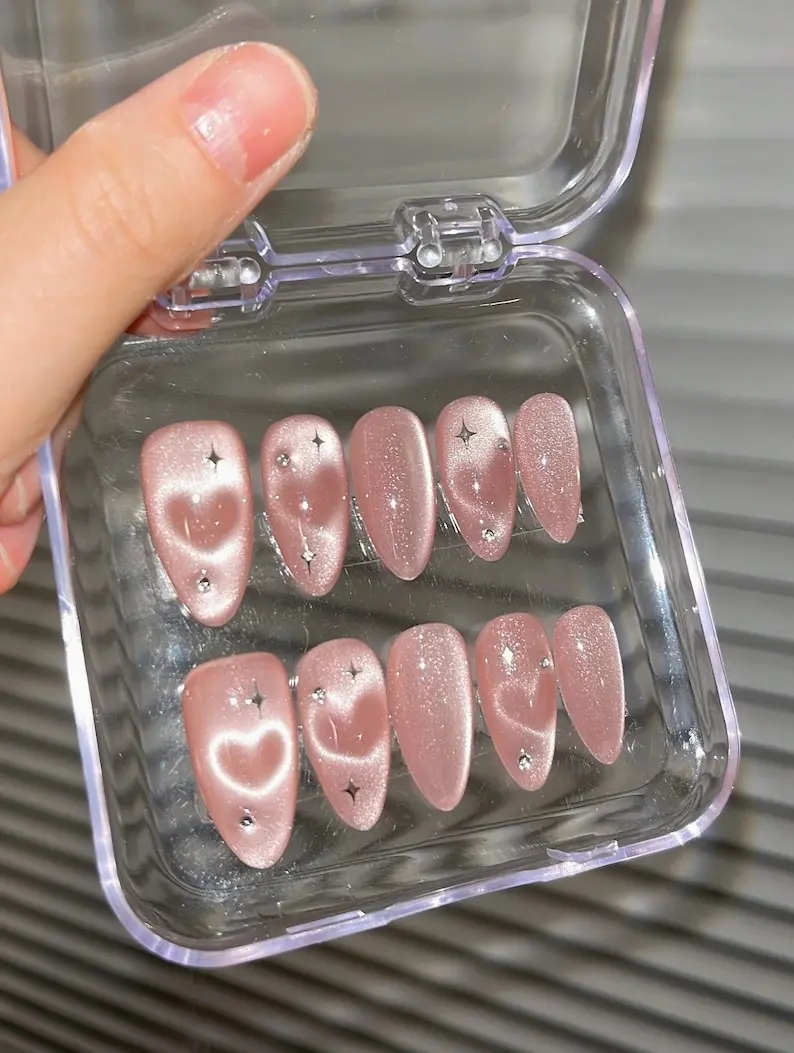 Galaxy Pink Cat's Eye Love nails, Hand Drawn Cat eye Glittery Press on Nails, Fairy Almond nails, Gift Nails Valentines Nails