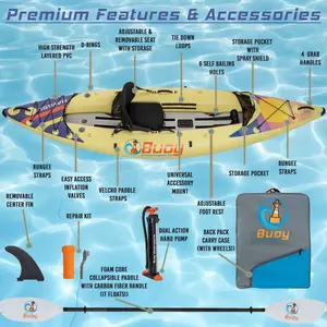 Havasu Inflatable Touring Single Kayak - Includes Inflatable Seat, Rolling Backpack, Hand Pump, Carbon Fiber Paddle