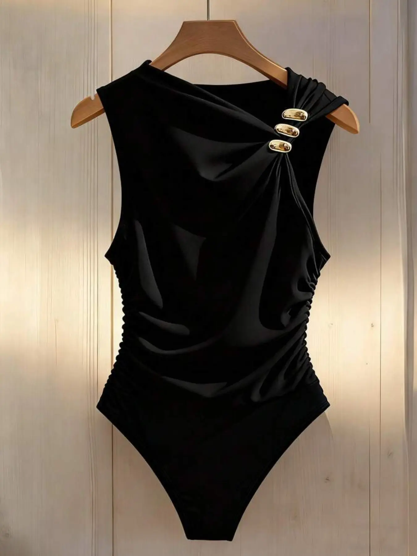 Elegant Chic Minimalist Casual Knitted Ruched Bodysuit, Asymmetric Metal Button Design, Waist-Cinch Slimming Fitted Sleeveless Top, Versatile for Commute and Vacation, Waist Cincher Bodysuit, Sleeveless Shaper Bodysuit