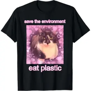 Save The Environment Eat Plastic Funny Cute Cat Meme T-Shirt, for young people, office commute, minimalist style, outdoor inspired, soft touch fabric Black Casual