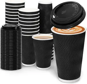 Pack of 100 - 16 oz Coffee Cups with Lids, Disposable Insulated Hot Cups To Go Paper Coffee Cups, Corrugated Ripple Wall Cup for Hot Drink, Office, Coffee Bar, Black