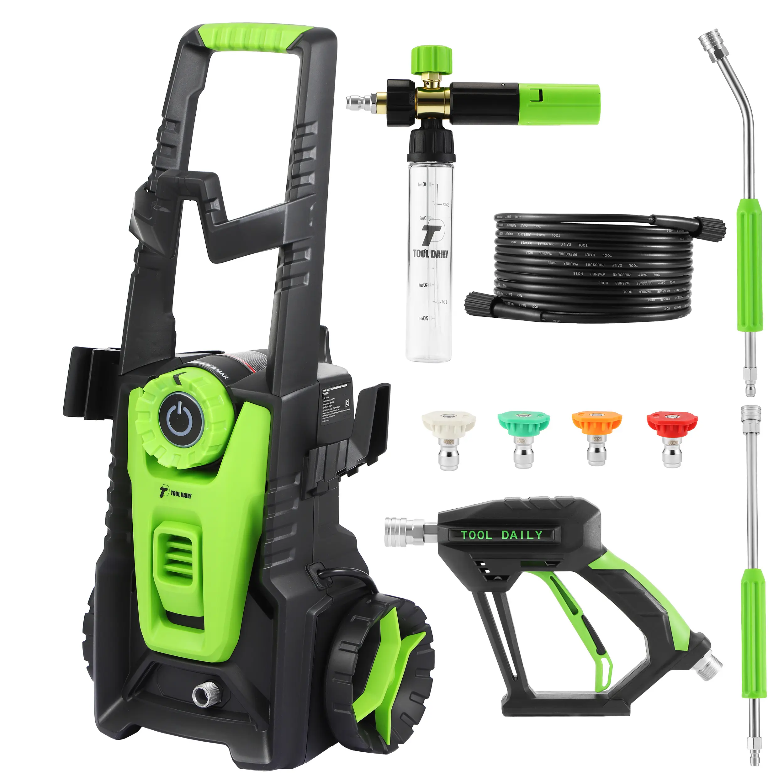 TOOL DAILY Durable Construction Electric Pressure Washer, 2500 PSI 1.76 GPM, 120V 60Hz, 32FT Hose & Original Foam Cannon Set for Cars, Motorcycles, Driveways (Supports 2000 PSI Use), Quick Connect, Dual-Roller System