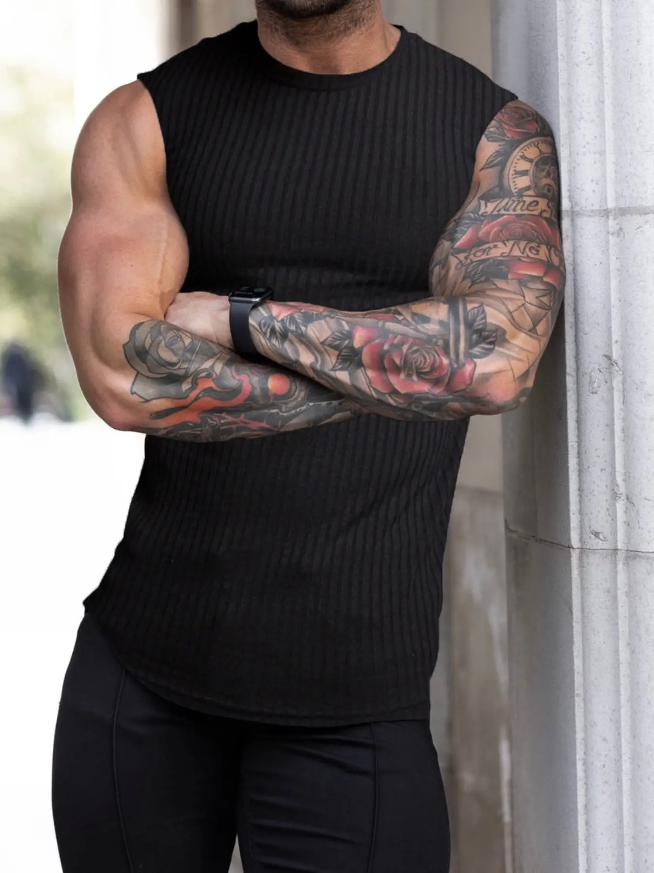 Men's ribbed muscle texture sports vest - Vertical ribbed texture, classic round neck design, elastic fabric, slim fit to highlight muscle lines. Perfect for gym workouts, streetwear layering, and everyday casual wear. Sports Fitness Vest