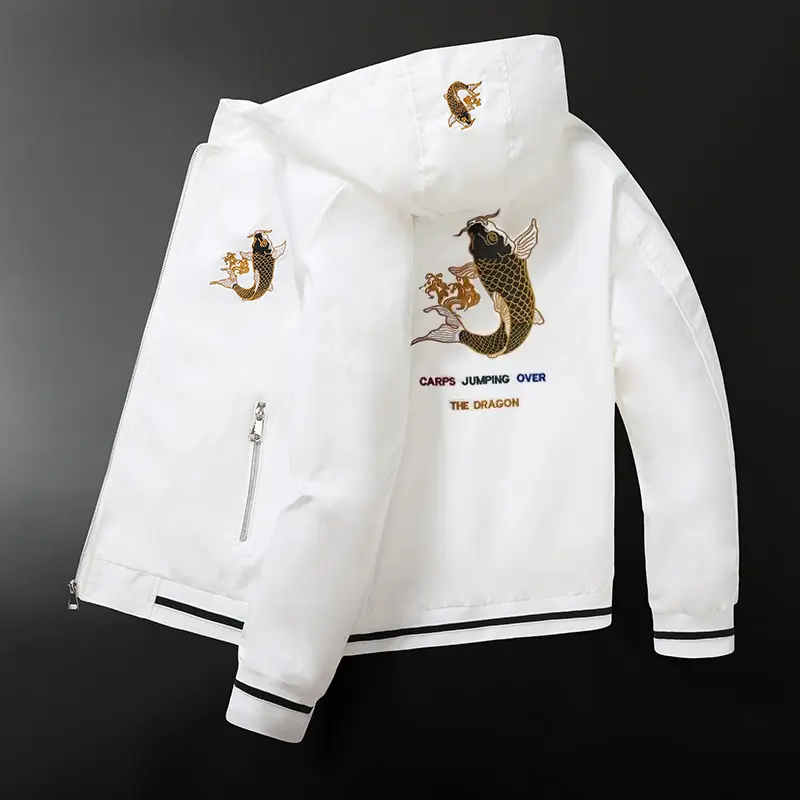 Men’s White Hooded Casual Jacket — Embroidered Koi Fish Lightweight Windbreaker, High-Street Style, Versatile Zip-Up Outerwear