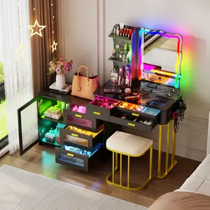 Miu Vanity Makeup Set with Irregular  Mirror Lights, Dressing Table with 6 Drawers, Adjustable Lighting, Charging Station, Vanity Makeup Table