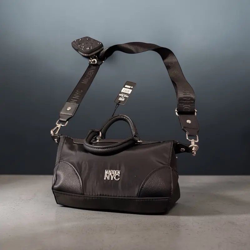 Madden NYC Black Leather Handbag with Adjustable Strap and Logo Embroidery
