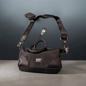 Madden NYC Black Leather Handbag with Adjustable Strap and Logo Embroidery