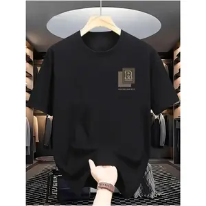 Men's 200g 100% Cotton R Print Geometric Round Neck Short-Sleeve Graphic T-Shirts - Loose Baggy, Breathable Casual Sports & Outdoor Streetwear Top for Daily Wear, Black Tropical Couple Matching