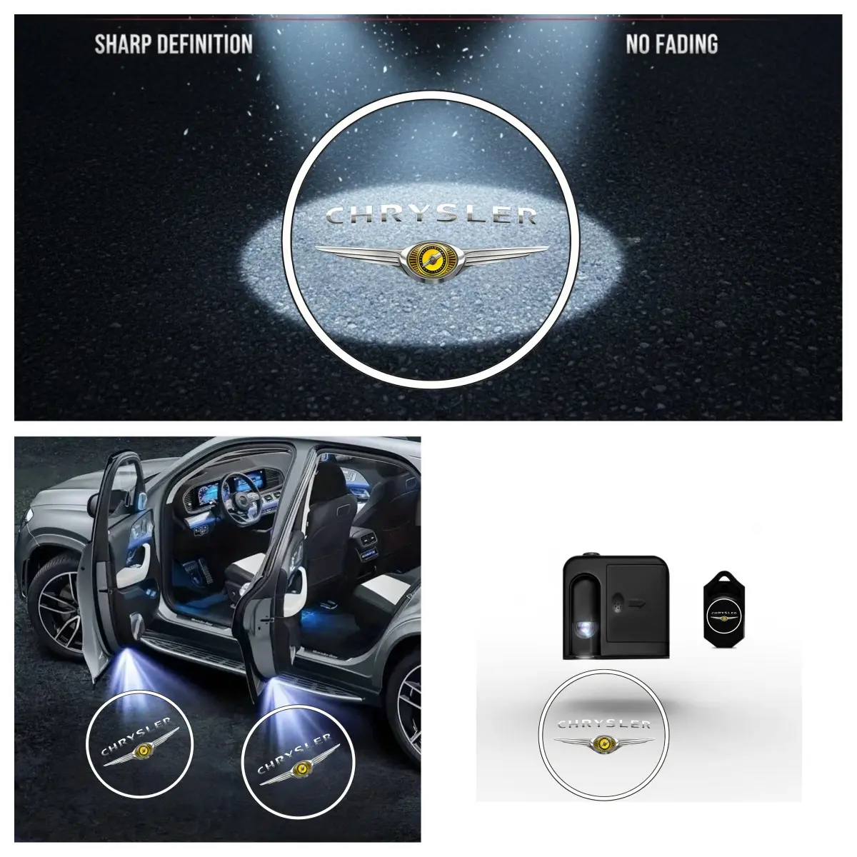 4-Pack Chrysler Logo Car Door LED Welcome Projector Lights, Car Decorative Lights, Compatible with Chrysler 300C/Pacifica/Grand Voyager Series Vehicles, Peel-and-Stick Non-Destructive Drill-Free Waterproof Courtesy Lights