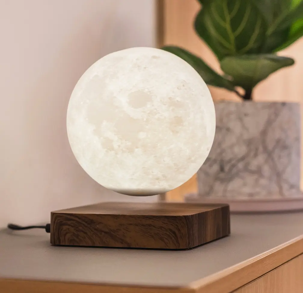 Magnetic Levitating Moon Lamp 360° Auto Rotating 3 Color Changing 3D Printed Floating Moon Night Light Wooden Base Bedroom Desk Home Decor Creative Birthday Anniversary Christmas Gift