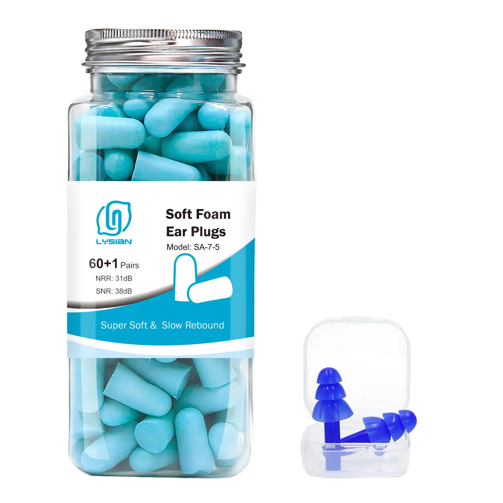 LYSIAN 60 Pairs Noise Reduction Ear Plugs, Soft Slow Rebound Foam with Secure Seal, Ultra-Quiet NRR 31dB Hearing Protection for Adults, Latex-Free Lake Blue Ear Plugs for Sleeping & Work