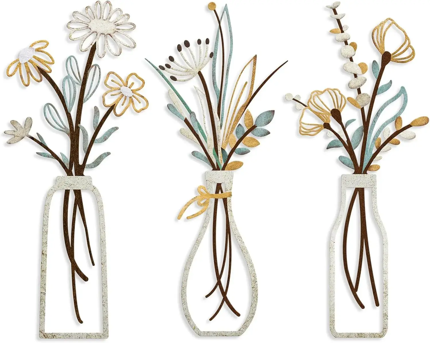 3 Pcs Metal Flower Wall Ornaments Set - Rustic Farmhouse Beige Minimalist Flower Motif Home Decor Items, Decor for Living Room, Housewarming Gifts, Wall Decor