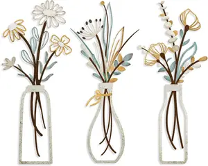 3 Pcs Metal Flowers Wall Decoration - Rustic Farmhouse Decoration Beige Minimalist Flower Wall Decors for Living room Bathroom Bedroom Dining Room-Housewarming Gifts