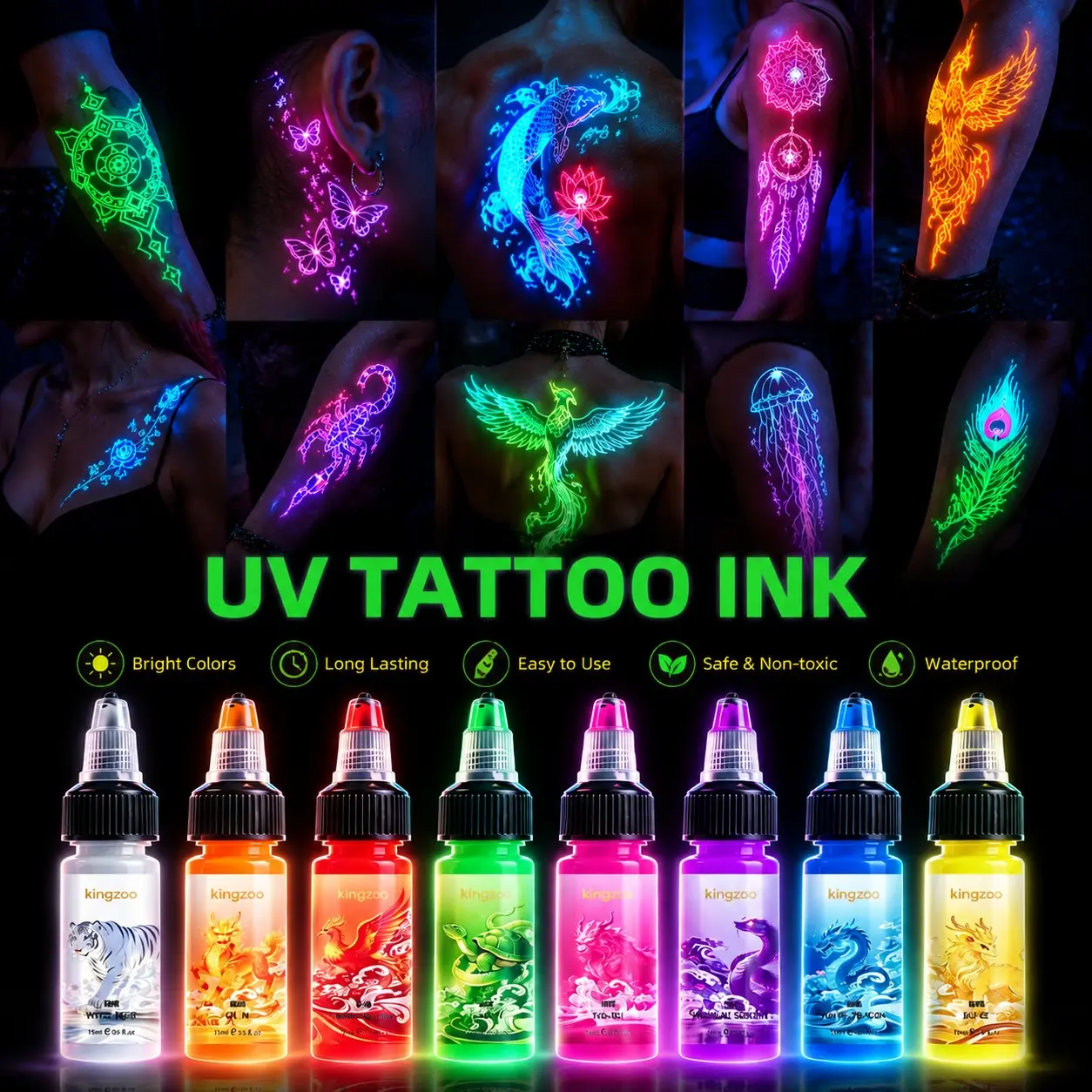 UV Temporary Tattoo Ink Cosmetic for Airbrush Long-lasting Fluorescent Glow in the Dark Body Painting Inks Neon Body Paint for Music Festivals&Club Easy to Remove with Alcohol