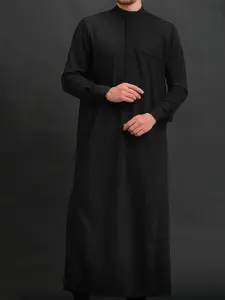 Men's Solid Color Stand Collar Thobe, Relaxed Casual Comfy Long Sleeve Robe for Daily Wear, Traditional Men's Islamic Clothing for All Seasons, Menswear, Authentic Saudi Thobe