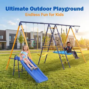 7-in-1 Kids Outdoor Play Swing Set  Slide Climber Basketball Hoop Playground Backyard Fun