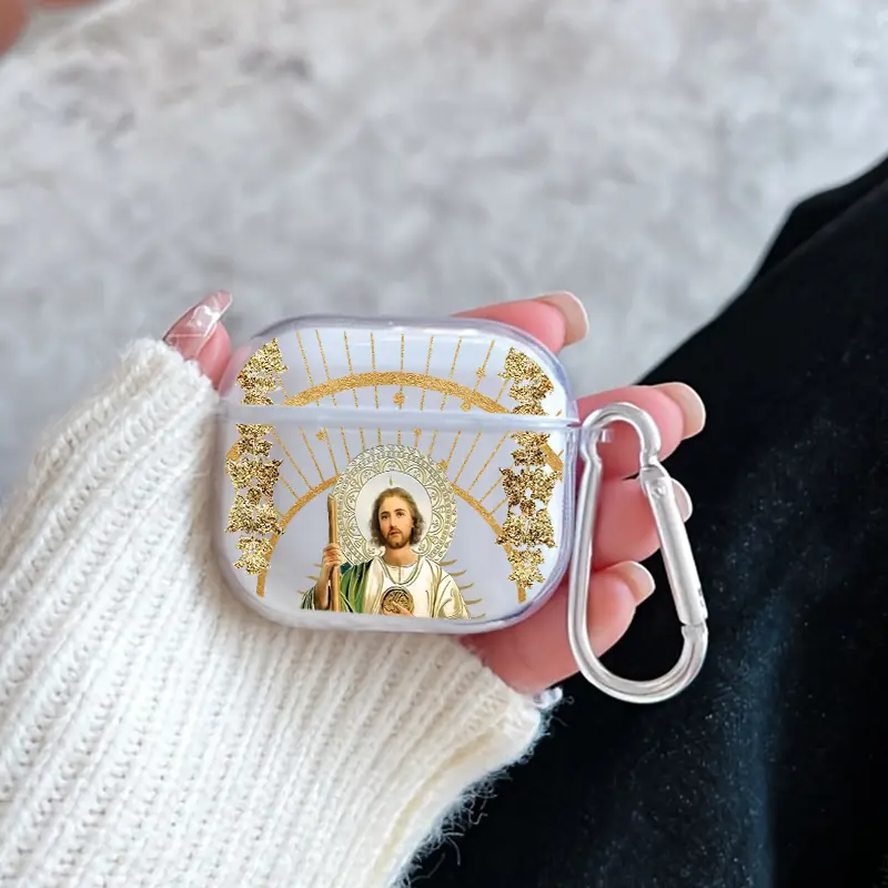 Divine Saintly Radiance Pattern TPU Soft Protective Case for Apple AirPods 4/3/2/1/Pro/Pro2 Transparent Earphone Cover with Keychain Attachment