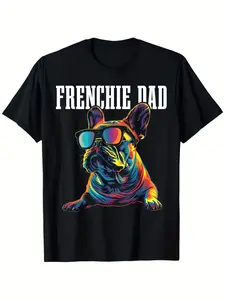 Funny French Bulldog Dad Graphic T-Shirt - Black Tee with Neon Blue & Pink Fashion Glasses - Valentine's Limited Edition Gift for Dog Lovers - Soft Breathable Cotton Shirt - Regular Fit Crew Neck for Men & Women - Machine Washable Pet Parent Apparel, Outd