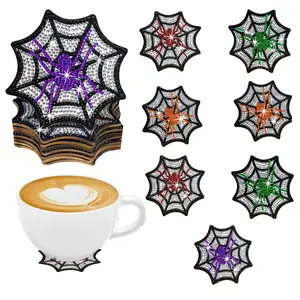 8 DIY diamond painting kits, coaster, spider web pattern, wooden material with round crystal embellishment, suitable for home desktop water cups, coffee cups, non-slip use, self-use or gifts, Diamond Painting Coasters