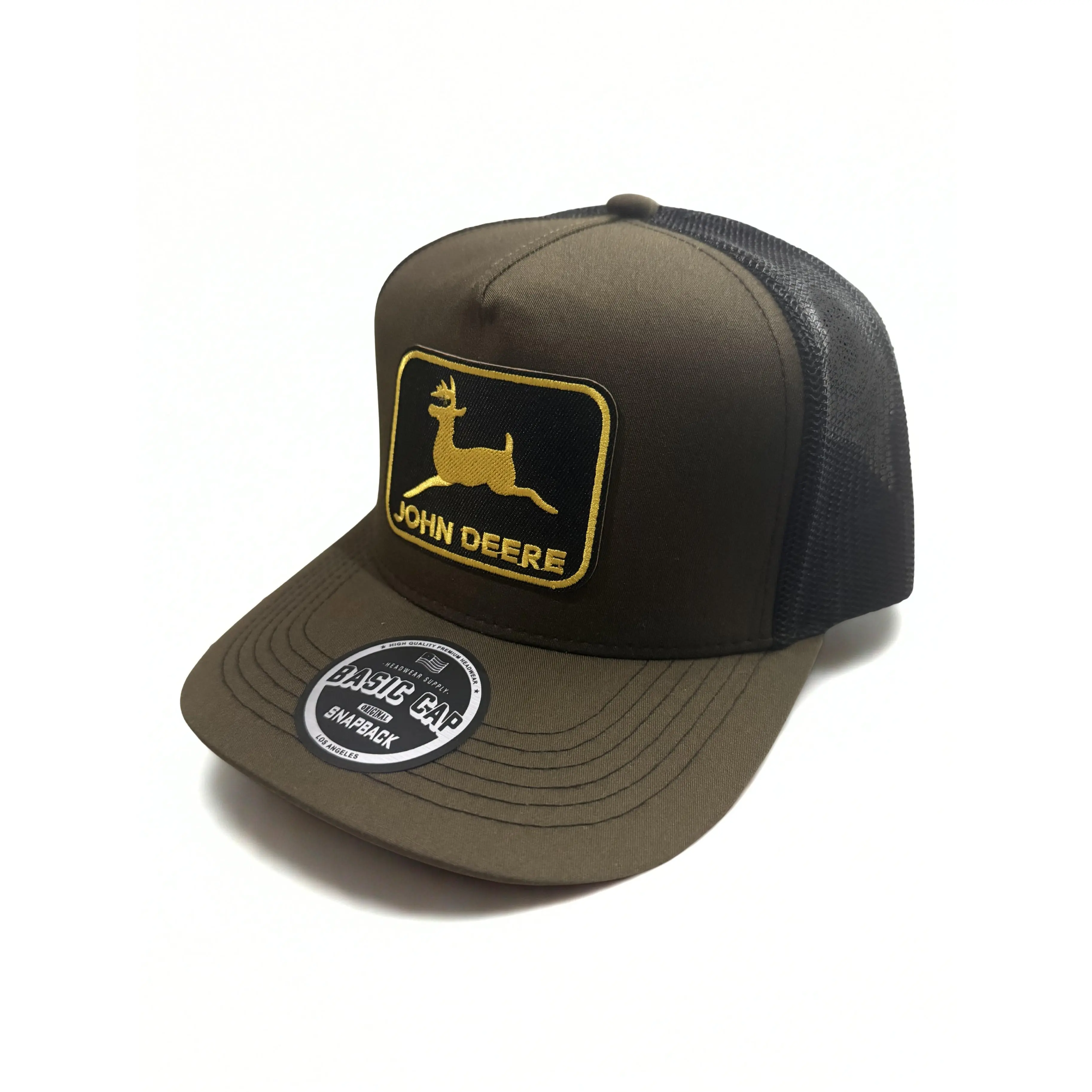 John Deer American Flag Snapback Hat Twill Gold Embroidered Logo Adjustable Trucker Cap Olive/ Black
