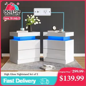 [DealsForYouDays][TWO TABLES IN ONE BOX] VanAcc High Gloss Nightstand Set of 2 with Charging Station, Modern Bedside Table with LED Lights by App and Remote  Control, Sofa End Side Tables with Drawers, Minimalist Night Stand for Bedroom, Living Room