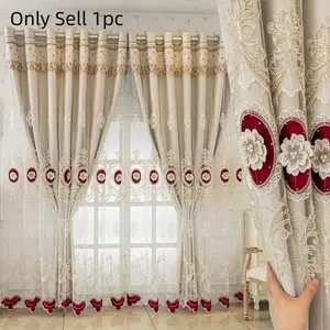1pc European Style Drapes, Dual-Layer Light Blocking Curtains, Heavy Curtain, Window Curtain, & Wine Embroidered Lace, Pearl Decor, Living Room Bedroom Home Decoration