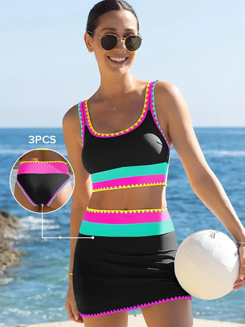 Popvil Beachball Kayaking 3 Piece Bikini Sets,Tummy Control & High Waisted Swimsuit with Adjustable Wide Shoulder Straps, Neon Color Sporty Swimsuit