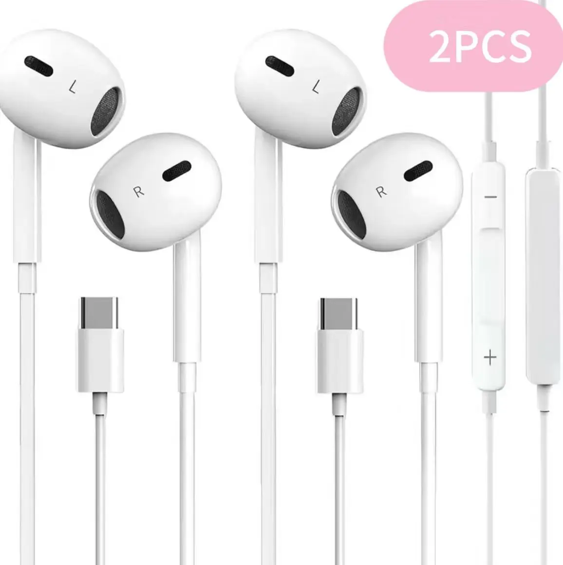 2 Pack Type-C In-Ear Wired Headphones with Microphone, Remote Control USB C Earbuds for Calls & Music, Works for iPhone15/16/17 Android