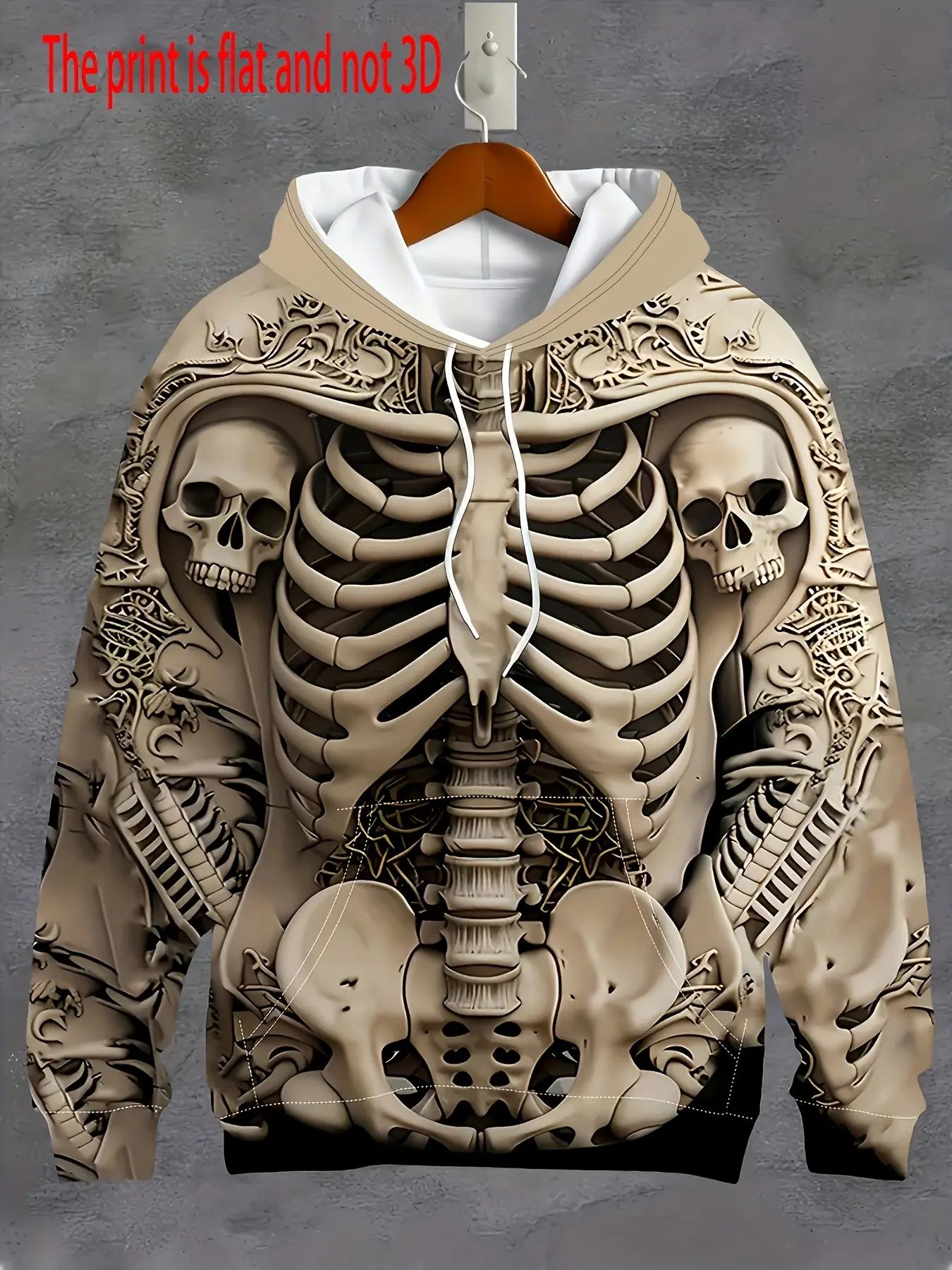 Khaki Skeleton Print Hoodie, Long Sleeves, Dark Street Style Cool Model, Streetwear, Sweatshirts, Casual Pullover Hoodie