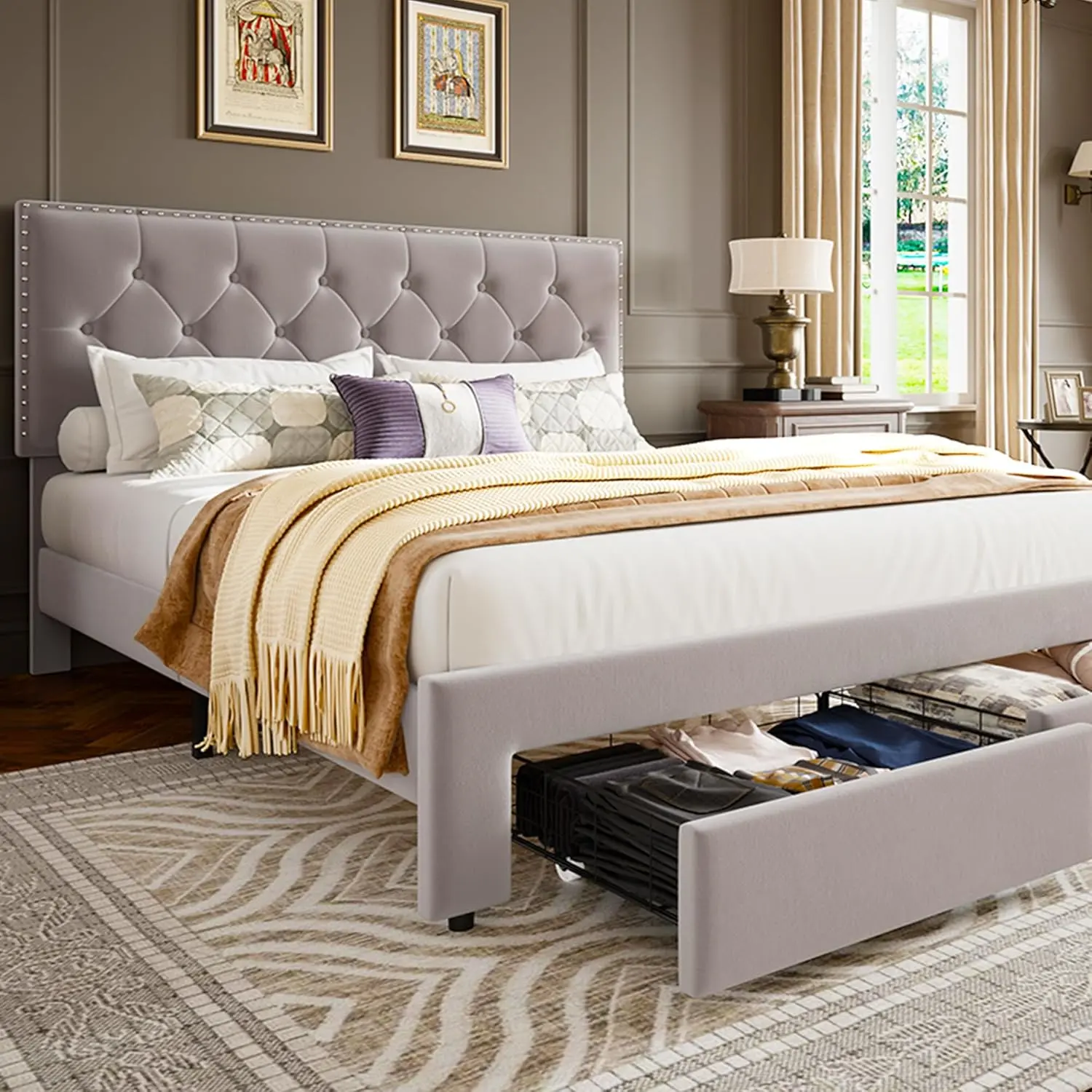 Beige Vintage Velvet Upholstered Full Size Adjustable Bed Frame - Button Tufted Wingback Headboard, 2 Storage Drawers, Wooden Slat Support, Noise-Free, No Box Spring Needed, Durable, Space-Saving, Assembly Required, Upholstered Bed Frames
