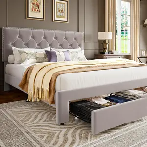 Full Size Bed Frame with 2 Storage Drawers Vintage Velvet Upholstered Bedframe with Wooden Slat Support and Button Tufted Wingback Headboard No Box Spring Needed Noise Free Beige