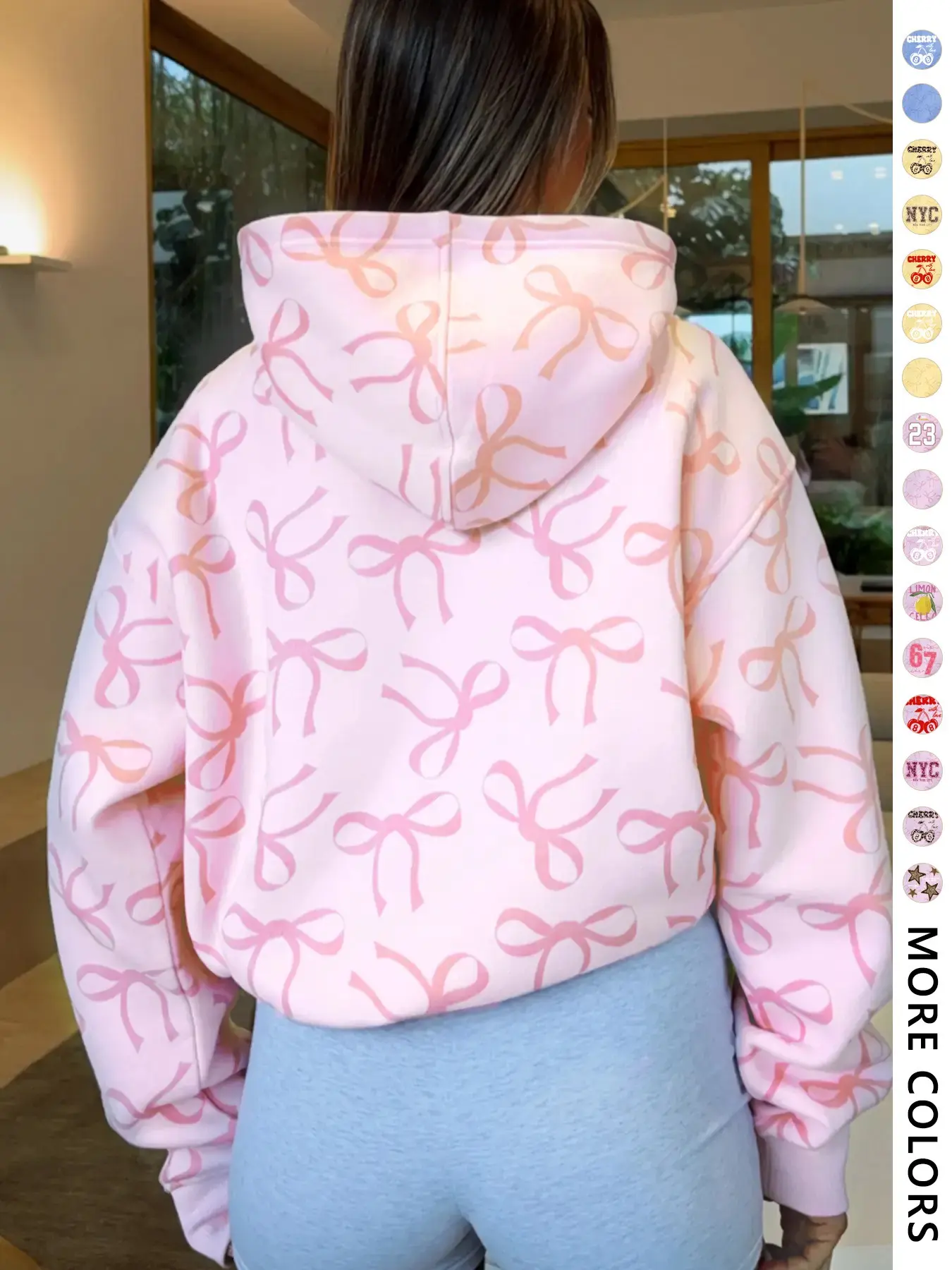 Women's Hooded Sweatshirt Lightweight with Bow Print, Pockets, Long Sleeve Fitted Casual Top Aesthetic, Spring & Fall Fashion, Perfect Gift for Valentine's Day, Casual Hooded Sweatshirts