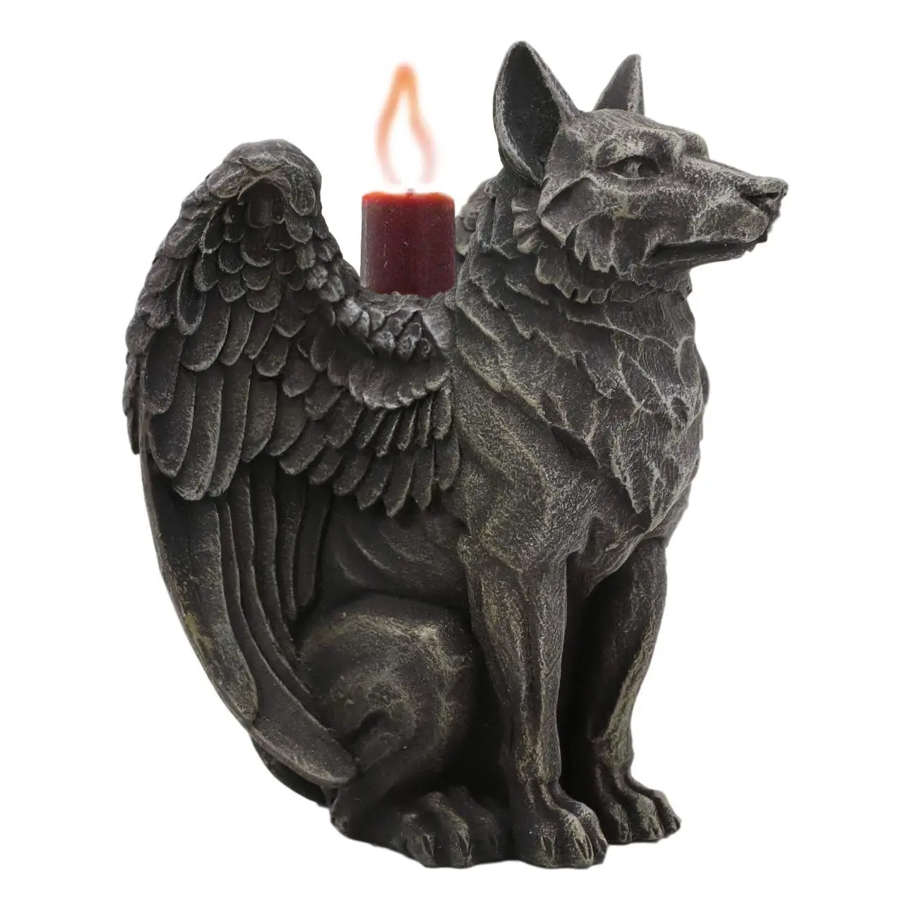 Sitting Gothic Angel-Winged Wolf Candle Holder Statue, 4" Deep 1.25 lbs Home Decor Interior Decoration Accessories, Twilight Werewolf Direwolf Fantasy Sculpture for Halloween Spiritual Awakening