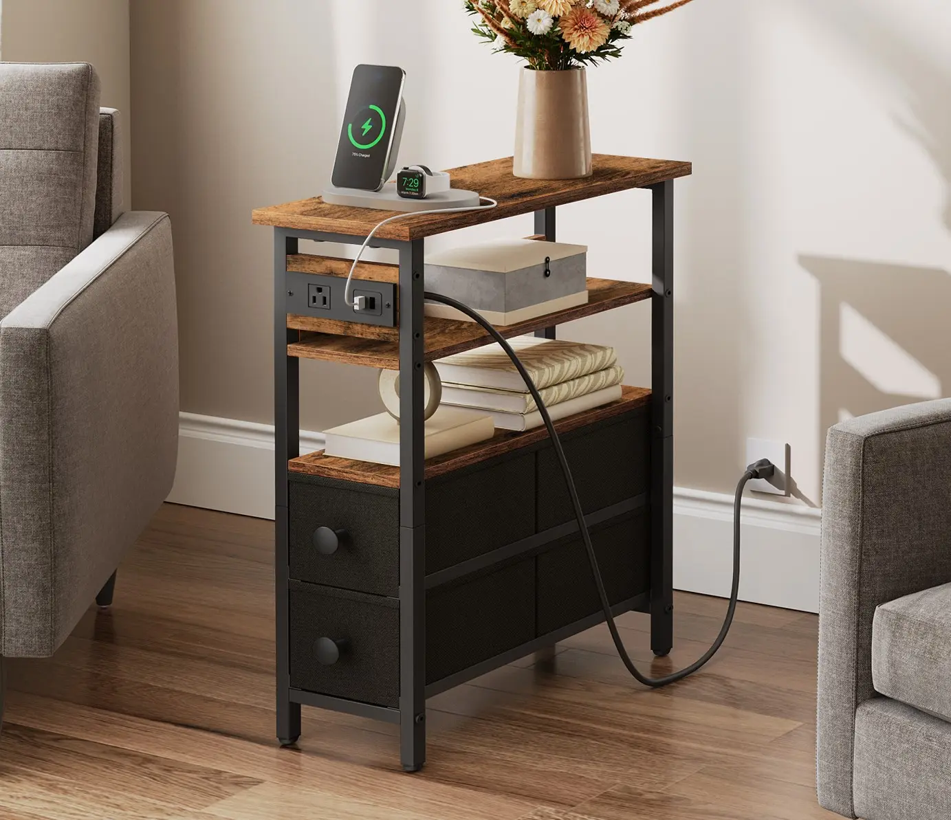 HOOBRO End Table with Charging Station, Narrow Side Table with Fabric Drawers, Slim Nightstand with Storage, Thin Bedside Table, for Living Room, Small Spaces, Rustic Brown and Black #SummerVibes
