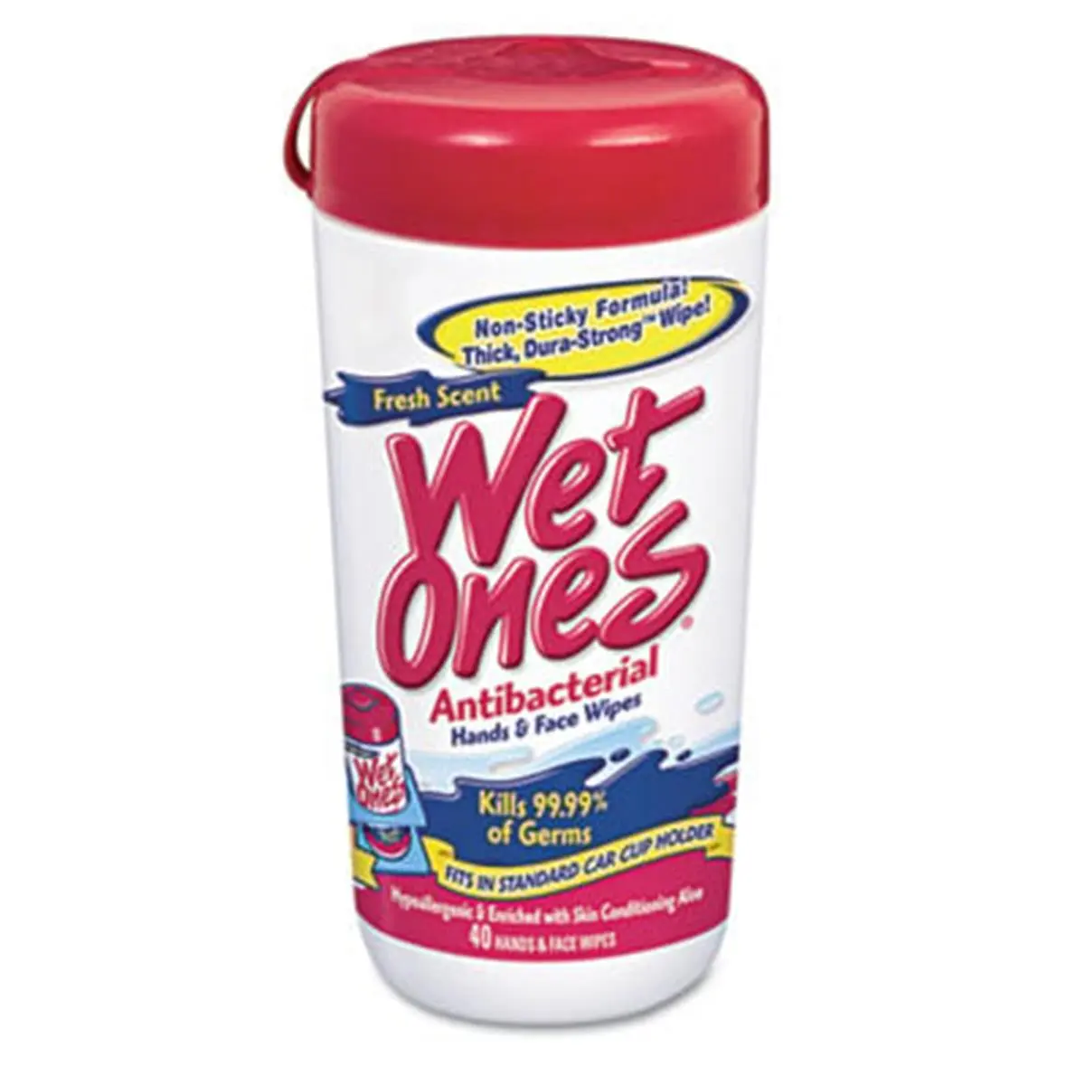 Wet Ones 04703 Thick, Soft and Strong Antibacterial Sanitizing Moist Towelettes, 5.75x7.5in White Daily All-Purpose Cleaning Cloths, 40-Count Portable Single-Use Dispenser Pack, Germ-Killing Hands & Face Wipes, Ideal for Car Cup Holder Use, On-The-Go